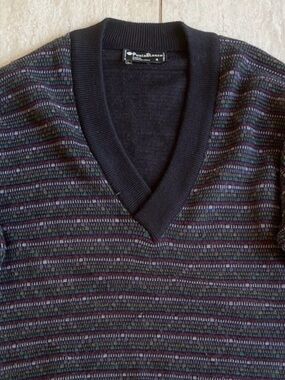 Punto Blanco Geometric Print Sweater Black Multicolor V Neck Retro Knit 4